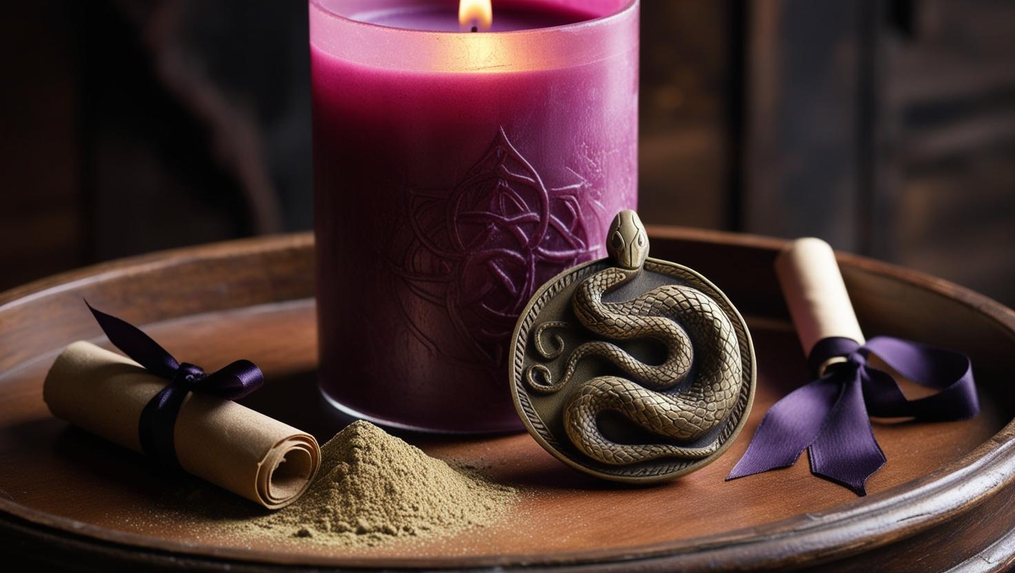 Ritual wiccano para fuerza poder y dominio, utilizando un velón morado, un amuleto con forma de serpiente, polvo de dominio y un pergamino