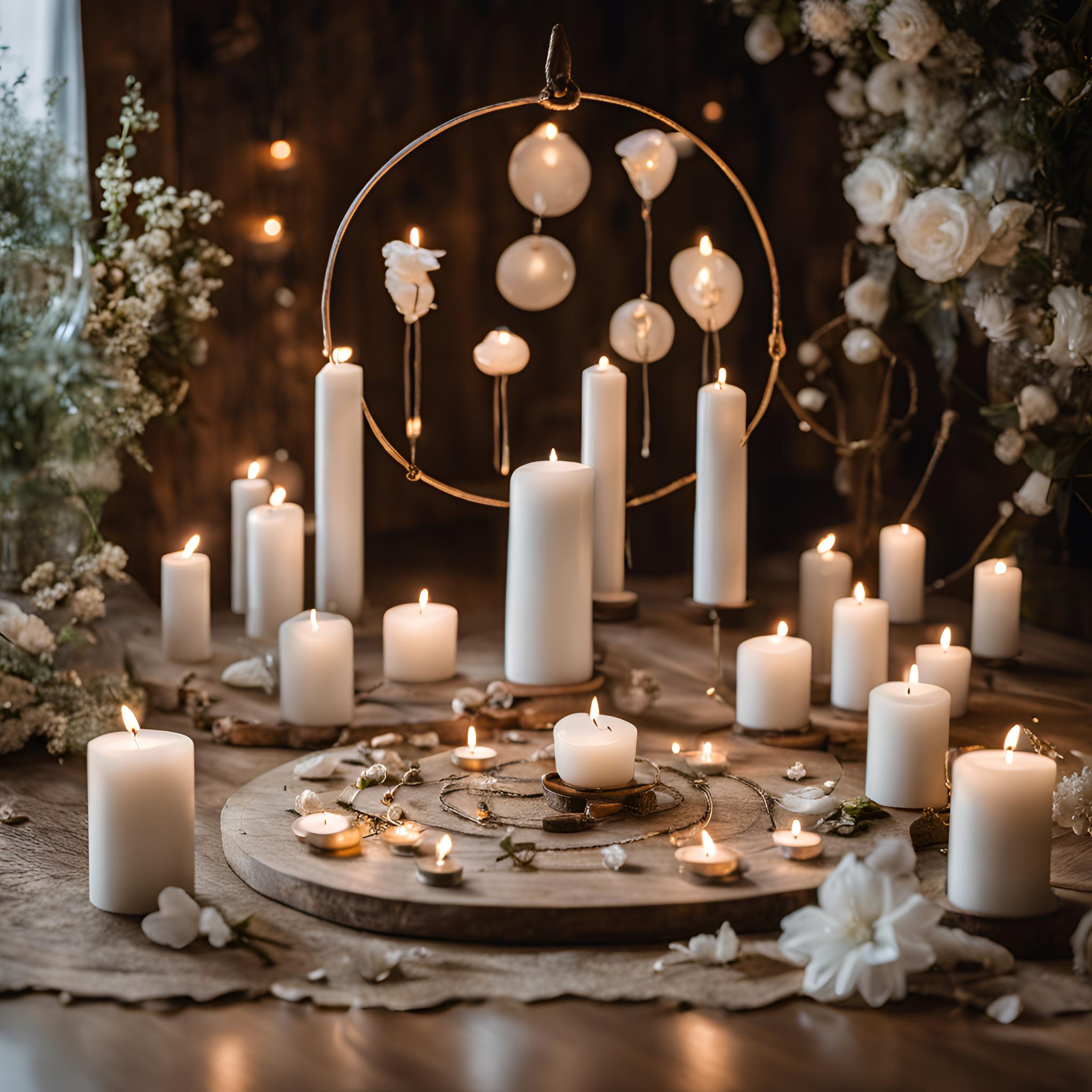 Diversos péndulos esotéricos formando un circulo encima de una mesa de madera. Varias velas blancas encendidas de diferentes tamaños detrás de los péndulos. Flores decorando la mesa.